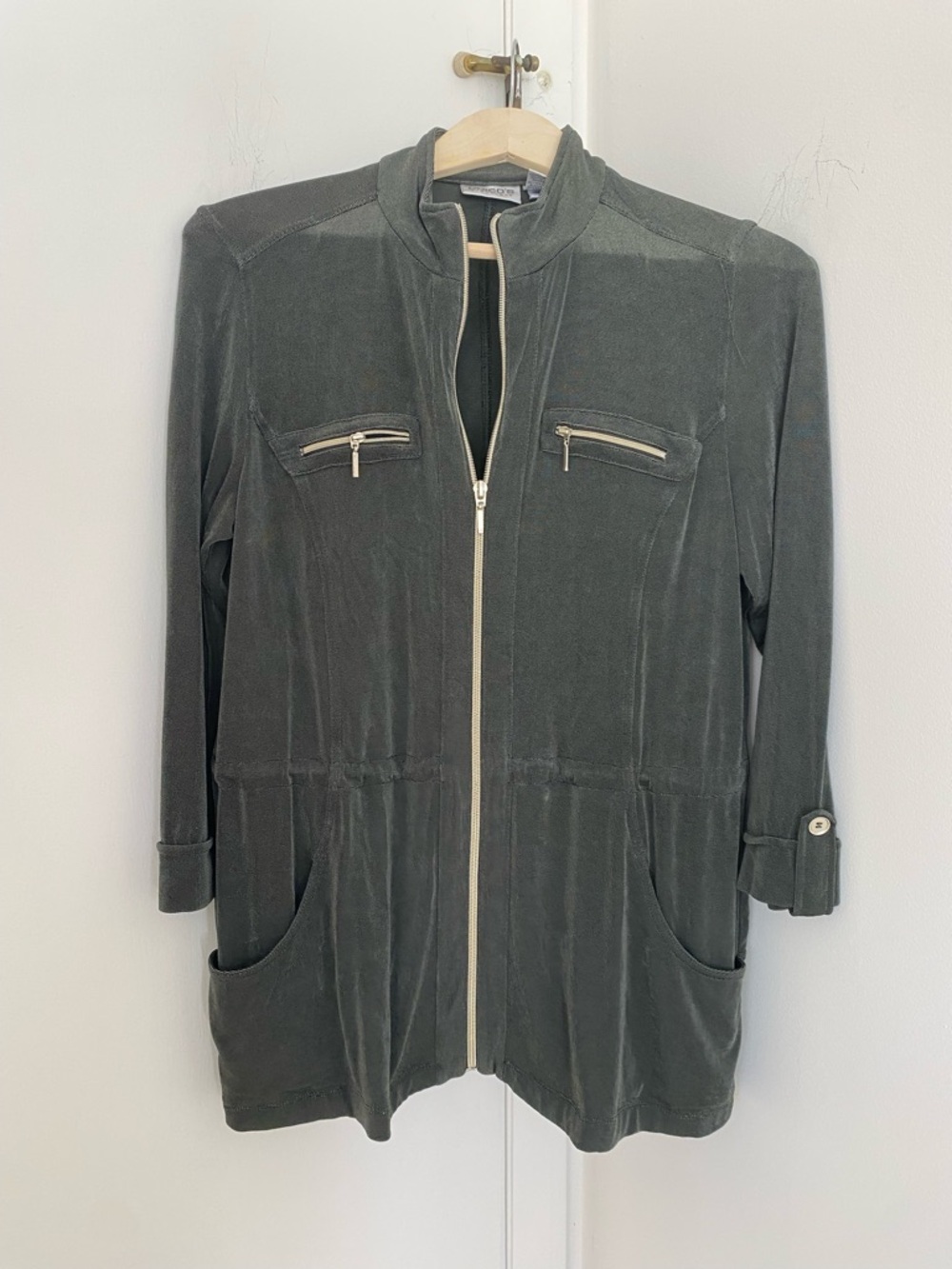 Chico’s Traveler Olive Army Green Zip-Front Jacket Interior Drawstring Pockets